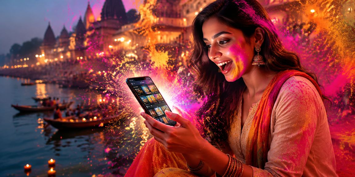 Mobile casino gaming in vibrant Varanasi Ghat during Holi festival
